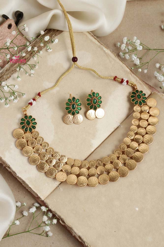 Goddess Coin Green Stone Flower Choker - N2659