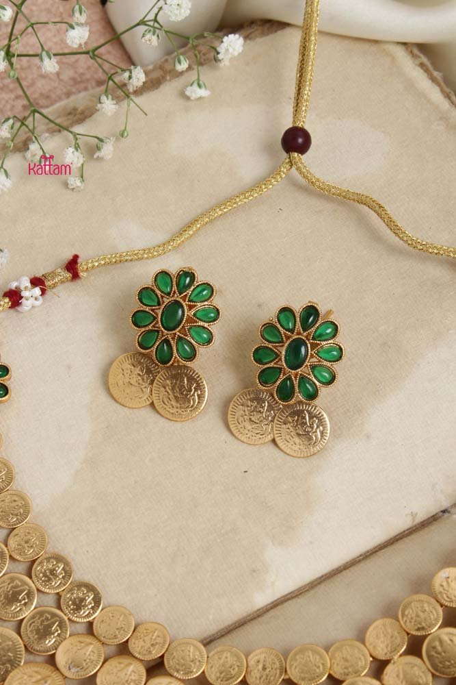 Goddess Coin Green Stone Flower Choker - N2659