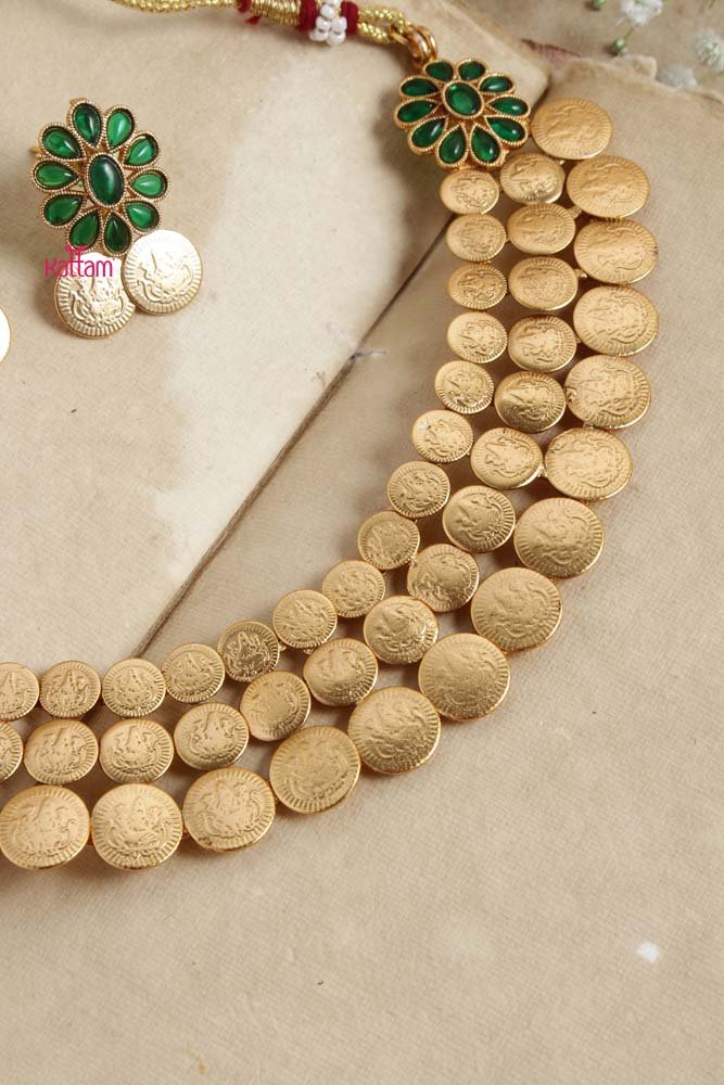 Goddess Coin Green Stone Flower Choker - N2659