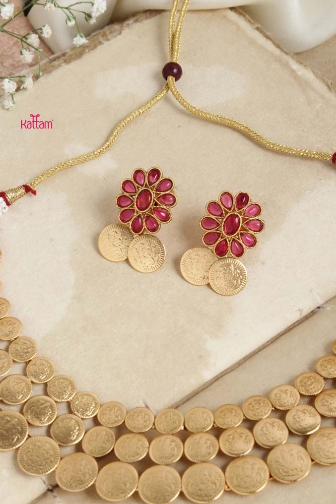 Goddess Coin Ruby Stone Flower Choker - N2660