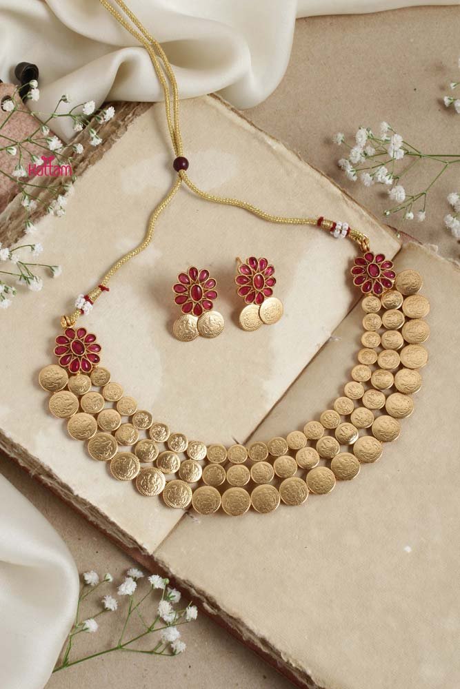 Goddess Coin Ruby Stone Flower Choker - N2660
