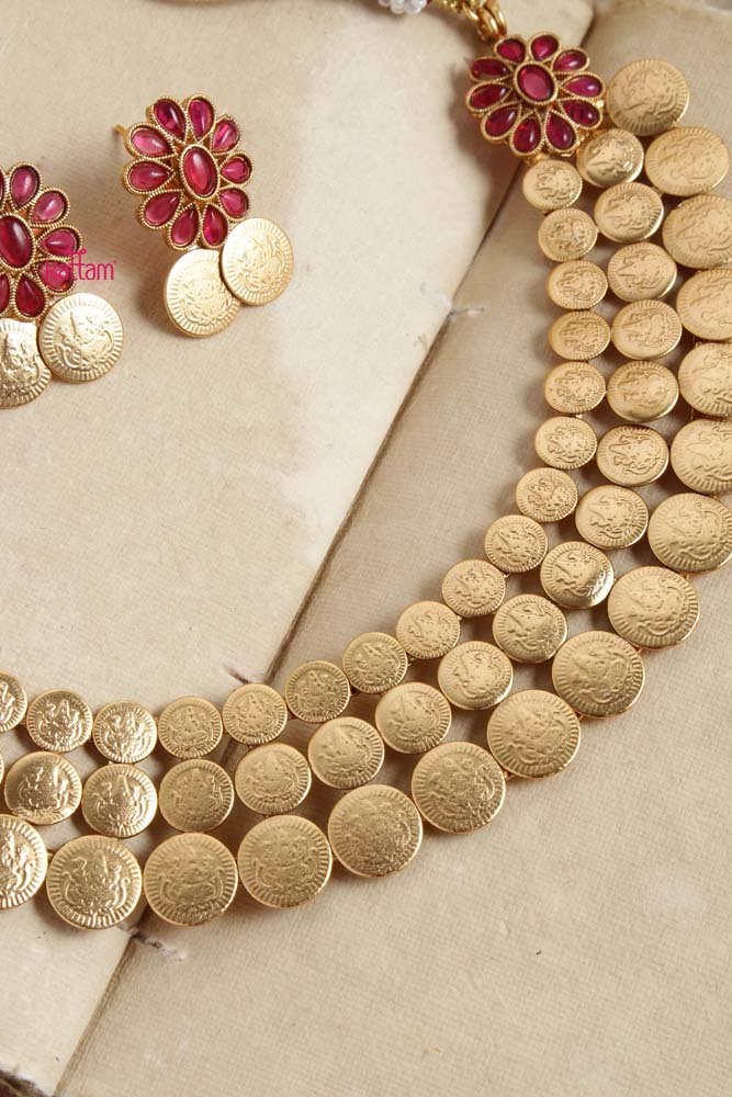 Goddess Coin Ruby Stone Flower Choker - N2660