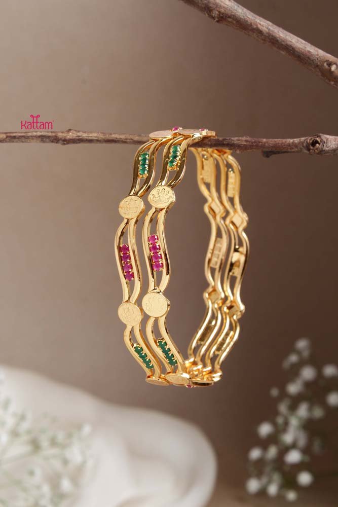 Goddess Ruby Green Coin Wave Bangle - B461 - V4