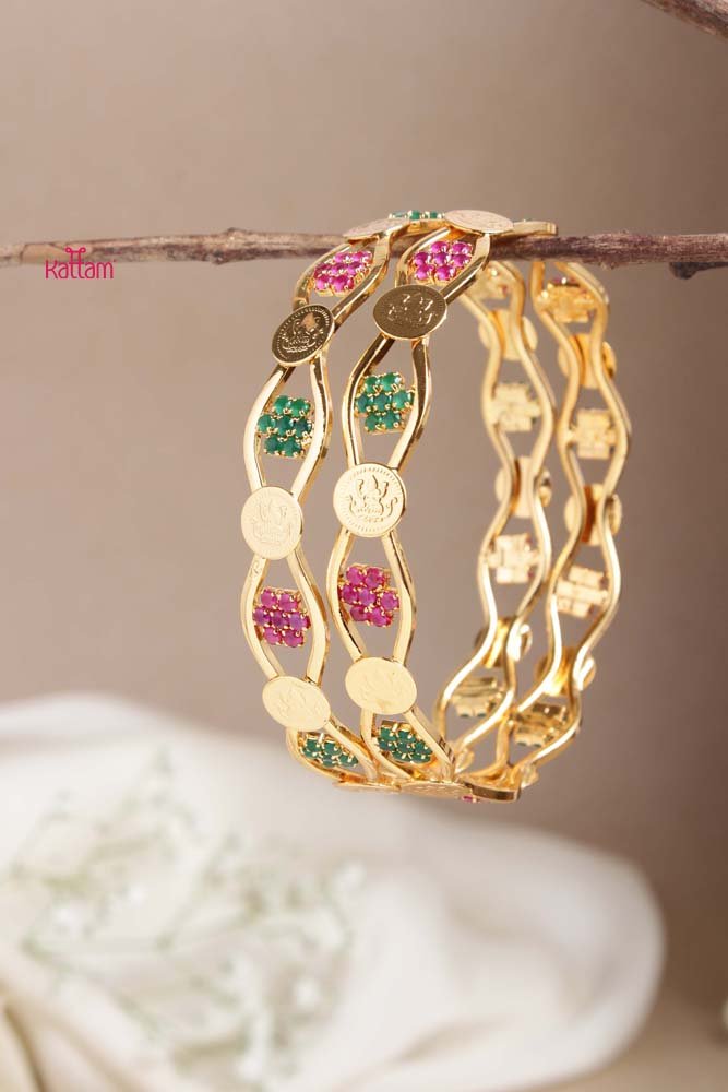 Goddess Ruby Green Coin Wave Bangle - Design 2 - B463 - V4