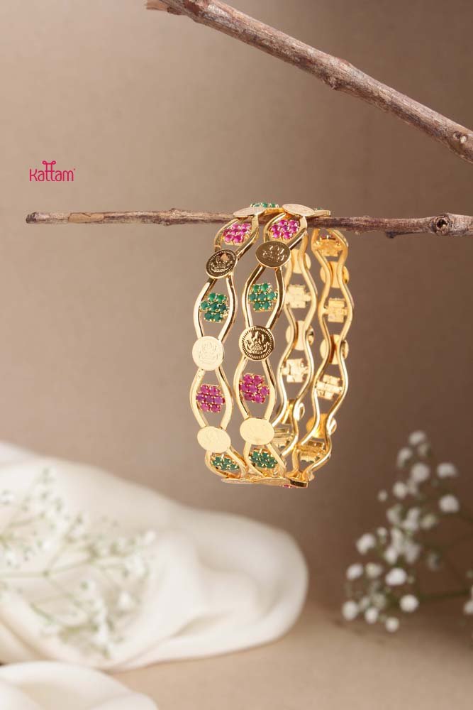 Goddess Ruby Green Coin Wave Bangle - Design 2 - B463 - V4