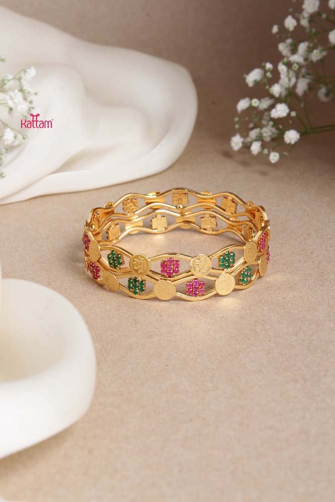 Goddess Ruby Green Coin Wave Bangle - Design 2 - B463 - V4