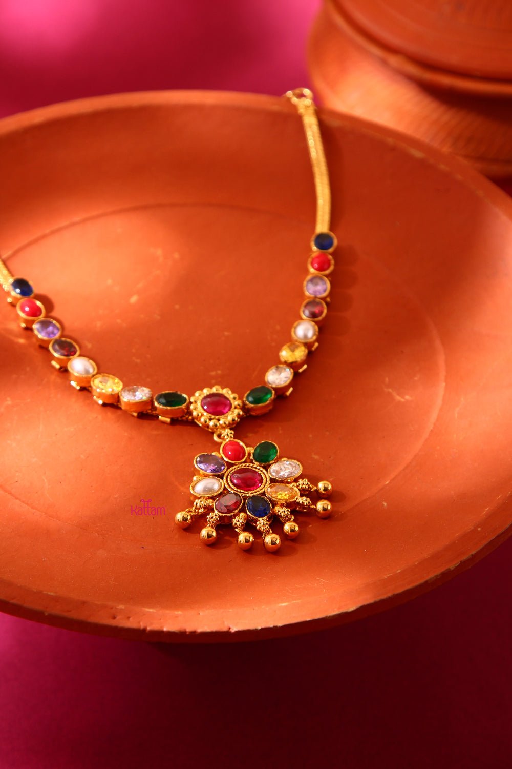 Gold Plated Navarathna Attigai Necklace (No Earring) - N711