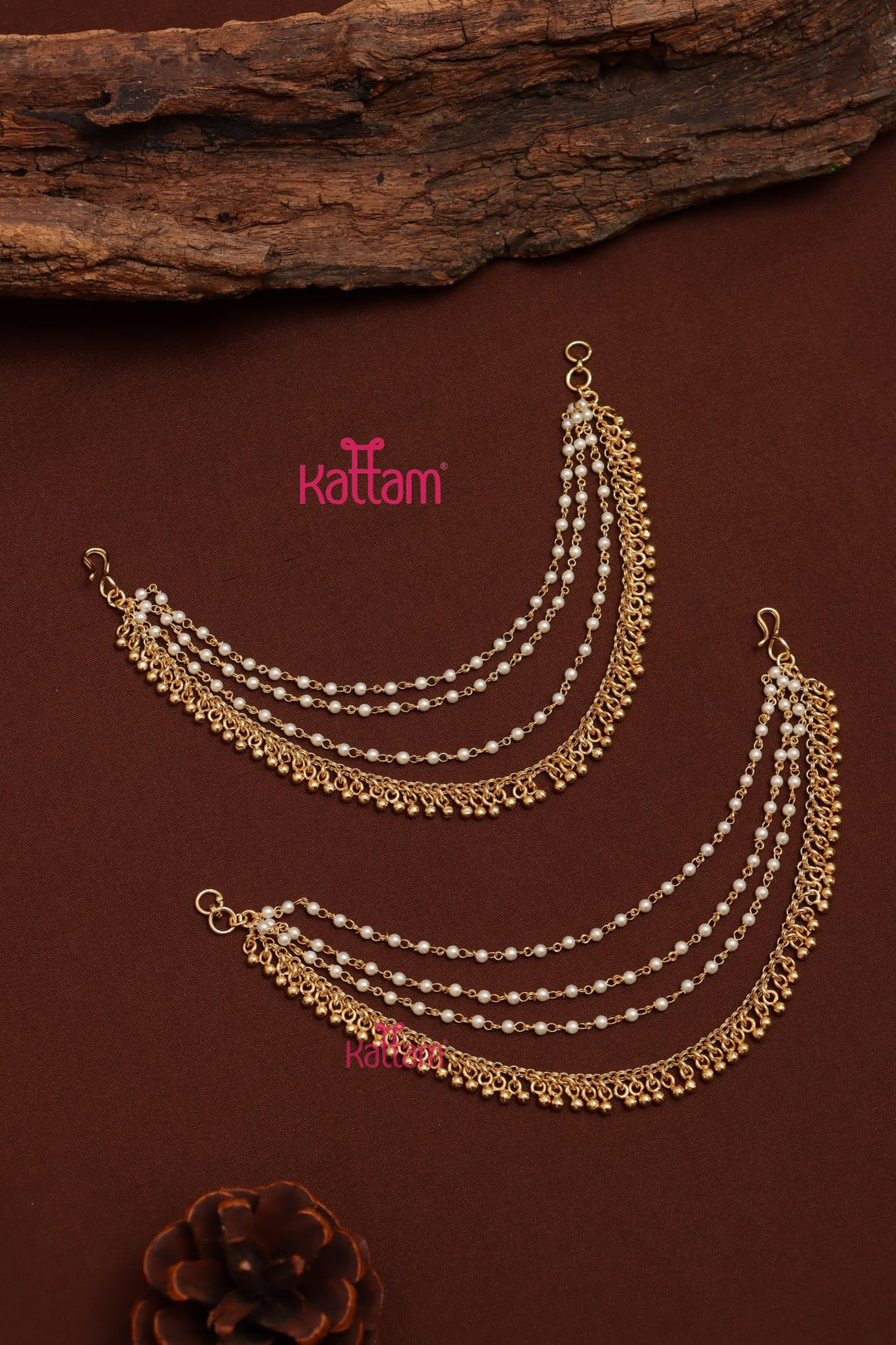 Goldball & Pearls Earchain - Triple Layered - ECO68