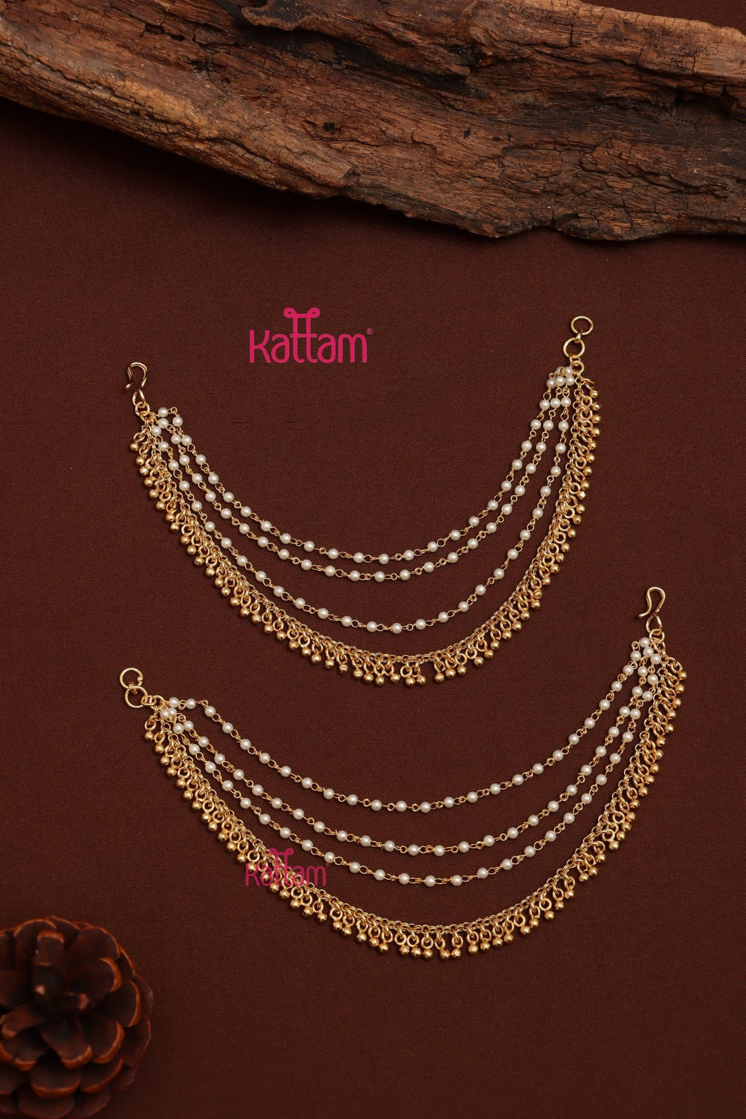 Goldball & Pearls Earchain - Triple Layered - ECO68
