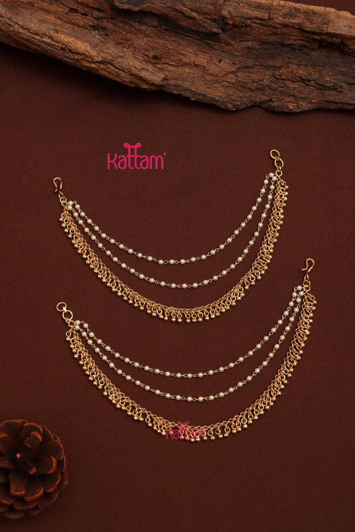 Goldball & Pearls Earchain - Two Layered - ECO69