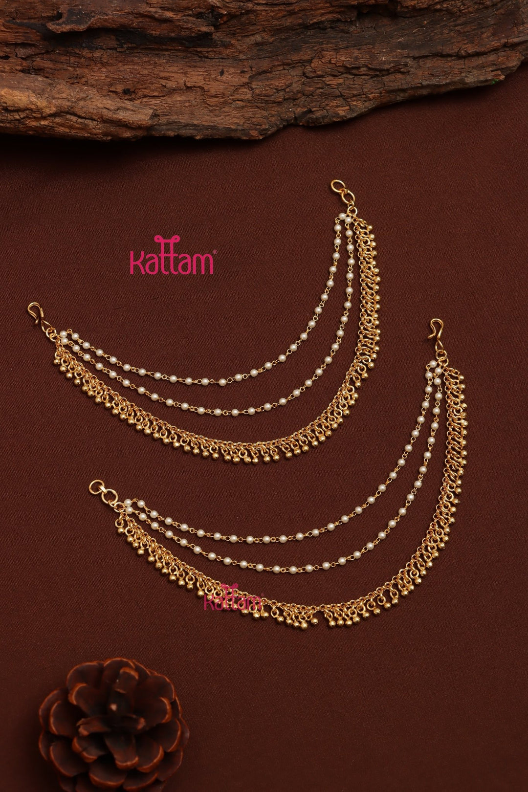 Goldball & Pearls Earchain - Two Layered - ECO69