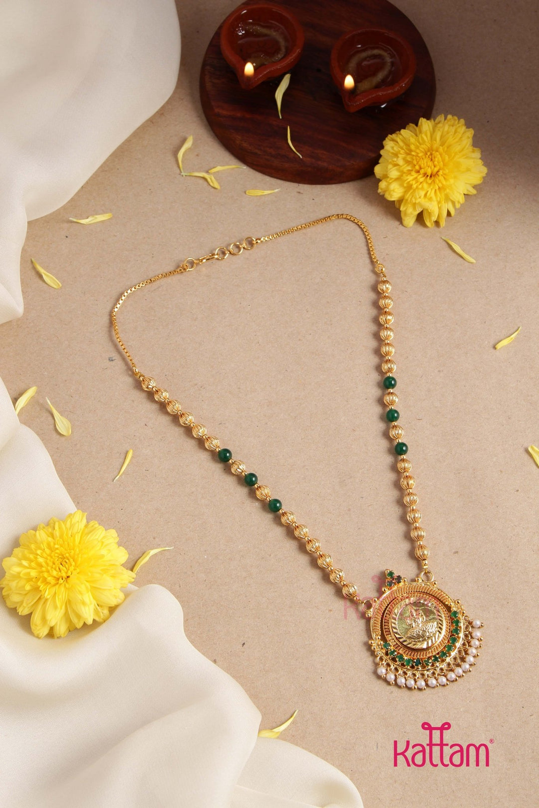 Goldtone Kerala Style Green Bead Chain (No earring) - N2867