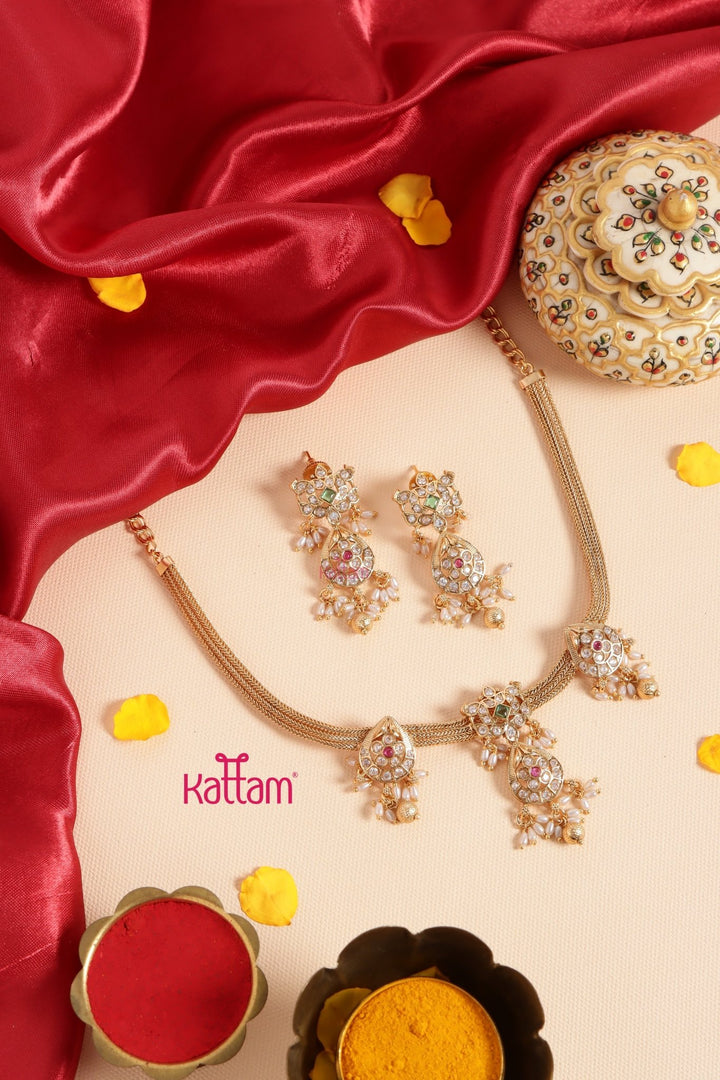 Goldtone Multi Peacock Drop Attigai Choker - N3424