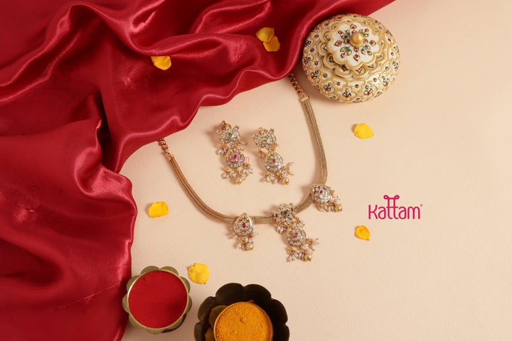 Goldtone Multi Peacock Drop Attigai Choker - N3424