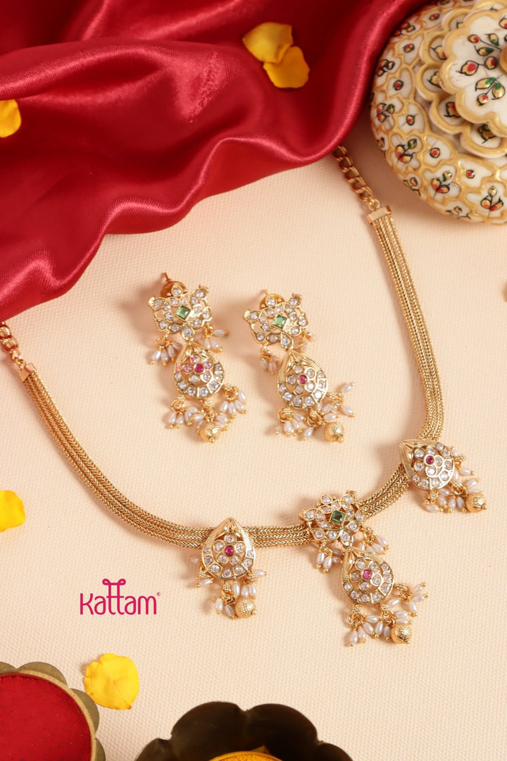 Goldtone Multi Peacock Drop Attigai Choker - N3424
