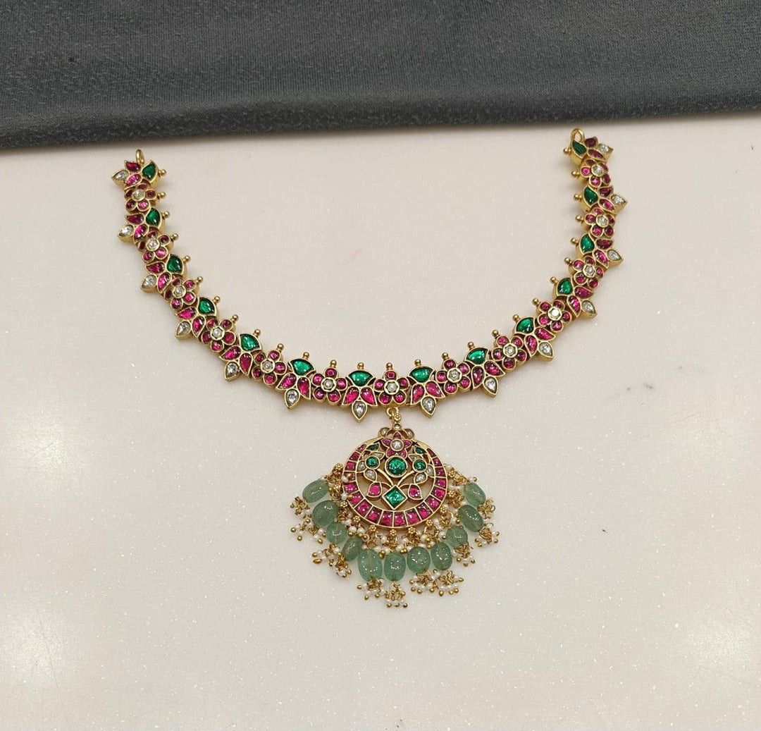 Green Bead Pendant Kundan Necklace ( No Earring ) - N4156