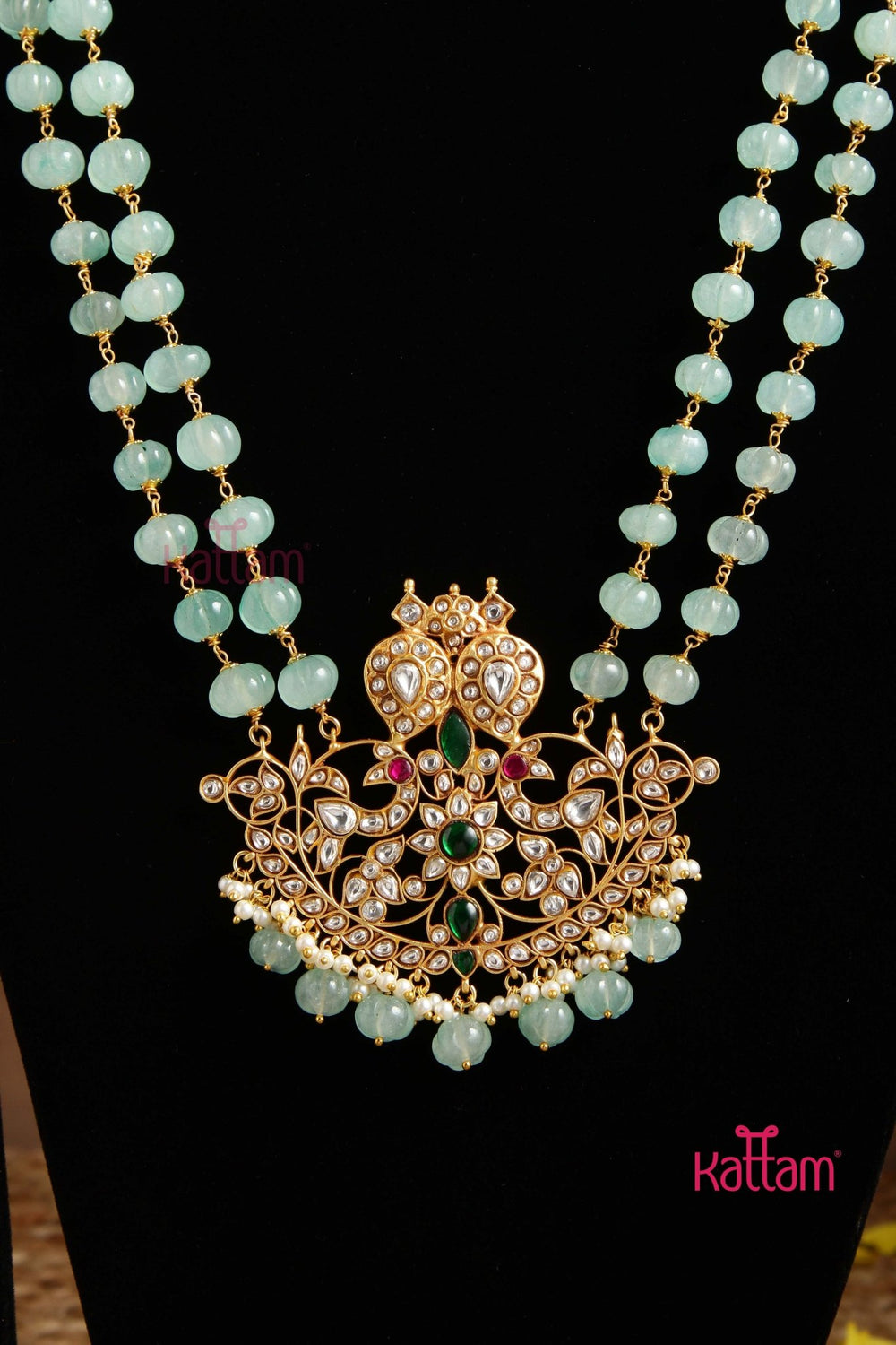 Green Jade Semi Precious Beads Kundan Dollar Haram (No Earrings) - n2985