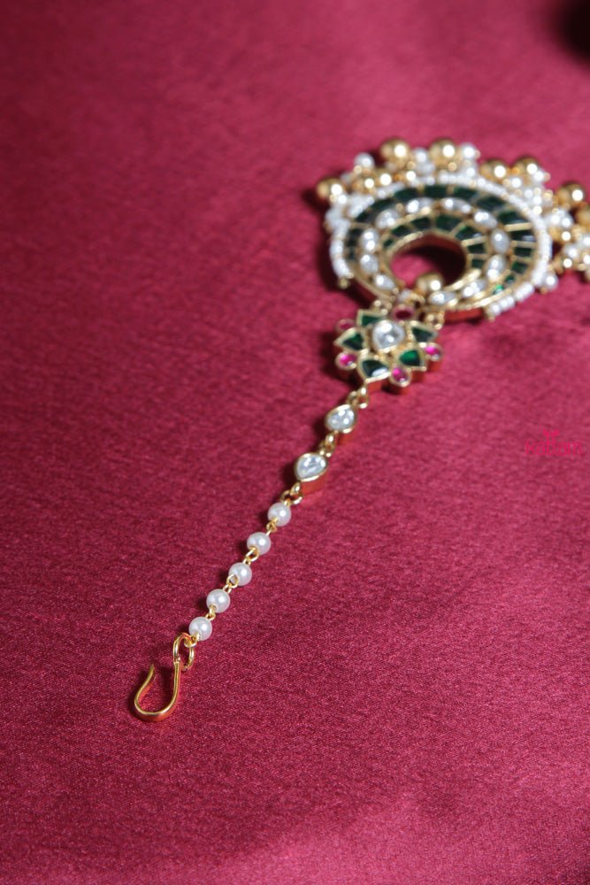 Green Kundan Pearls Maang Tikka - MT045