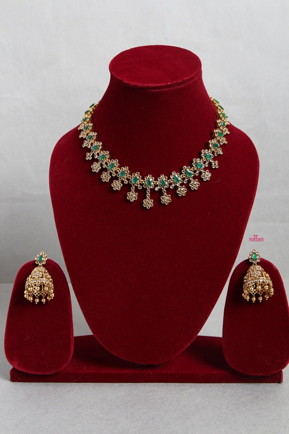 Green Stone Ethnic Necklace with Jhumka - N1204