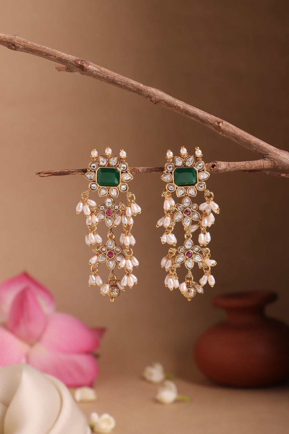 Guttapusalu Green Stone Drop Earrings - E1528