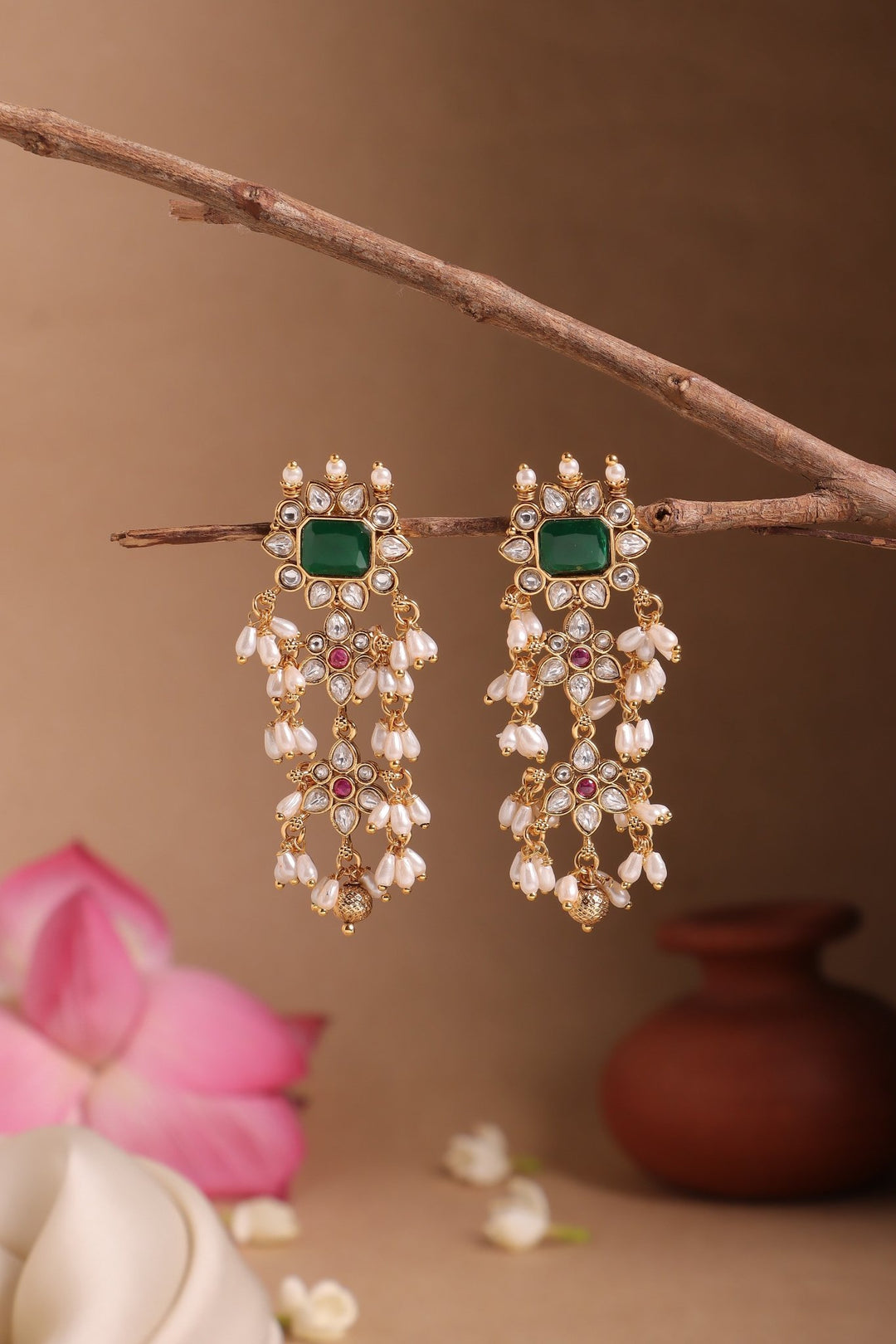 Guttapusalu Green Stone Drop Earrings - E1528