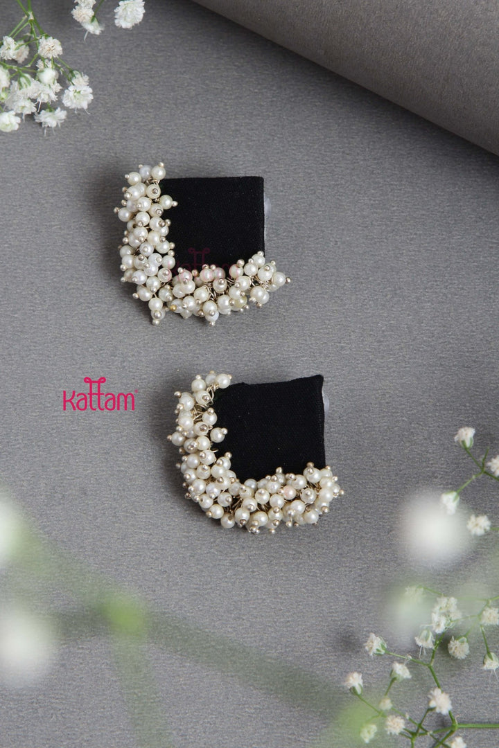 Handcrafted Black Fabric Pearl Earring - E836