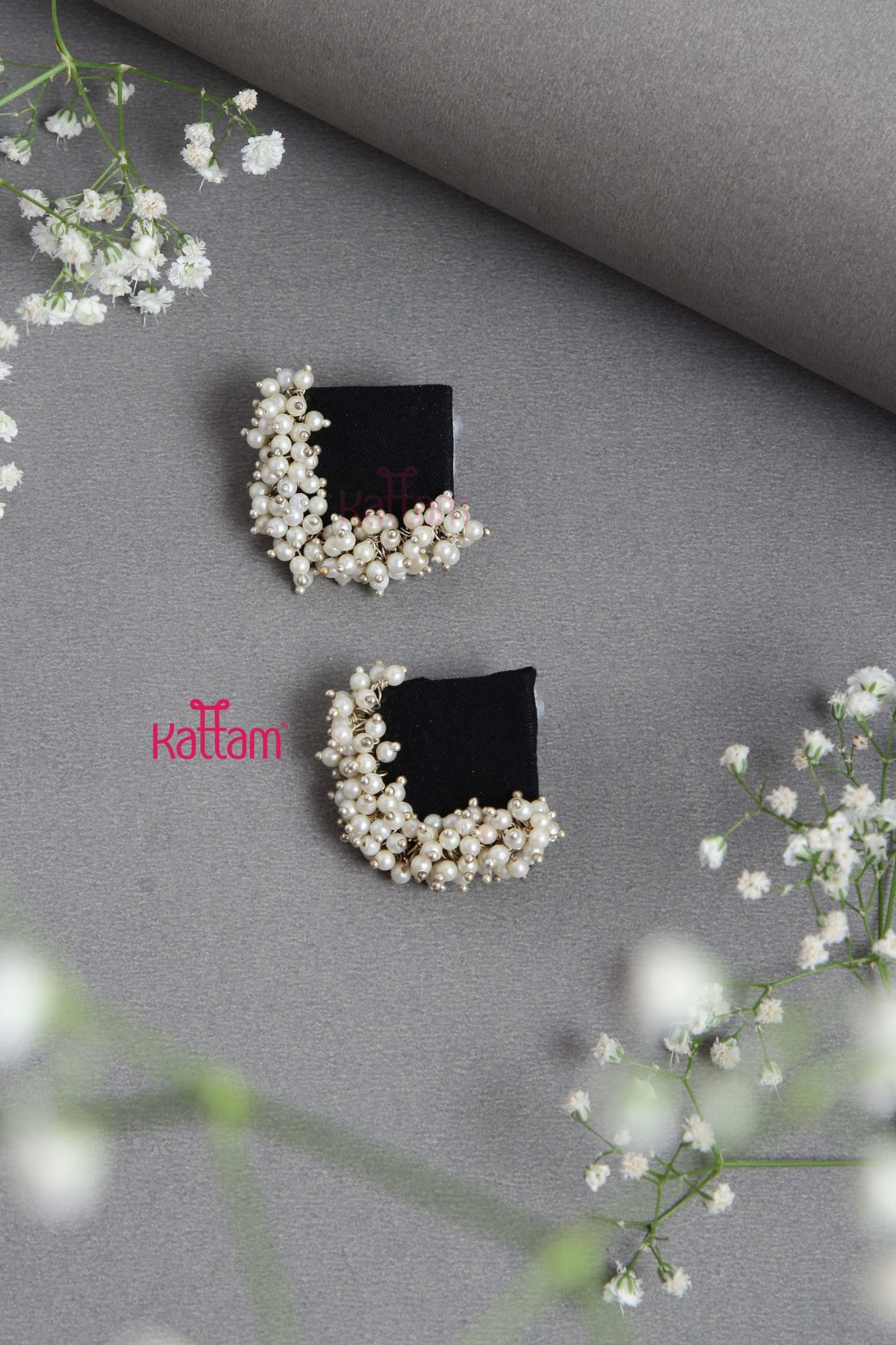 Handcrafted Black Fabric Pearl Earring - e836 