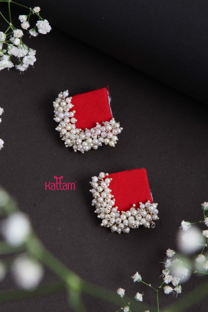 Handcrafted Red Fabric Pearl Earring - E831