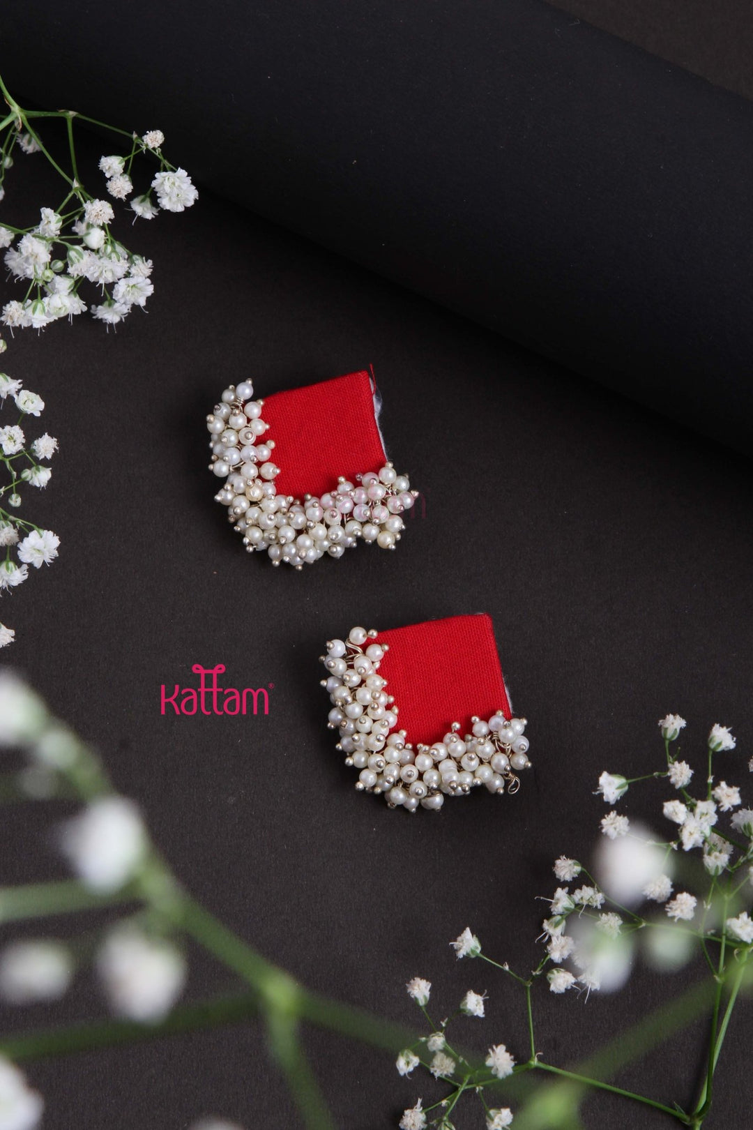 Handcrafted Red Fabric Pearl Earring - E831