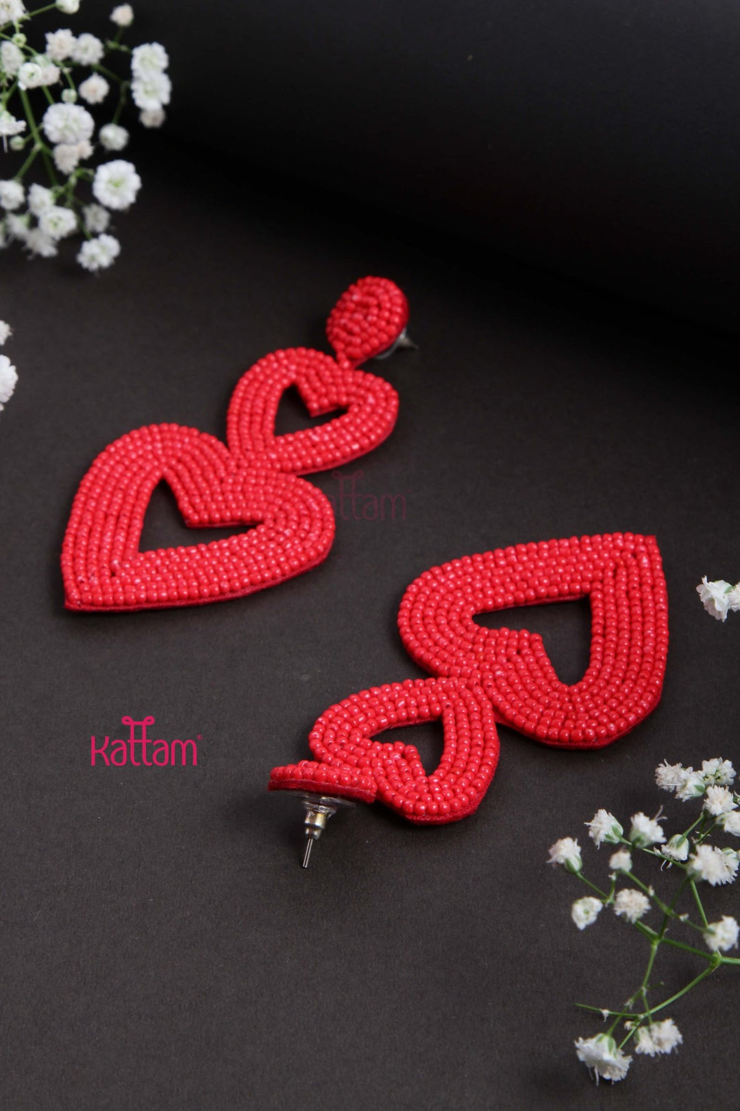 Handcrafts Embroidery Red Double Heart Earring - E843