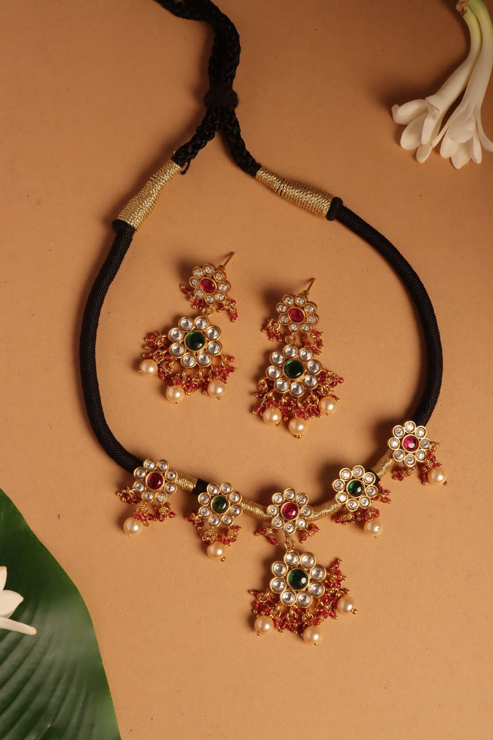 Handmade Five Flower Black Thread Choker - N4099