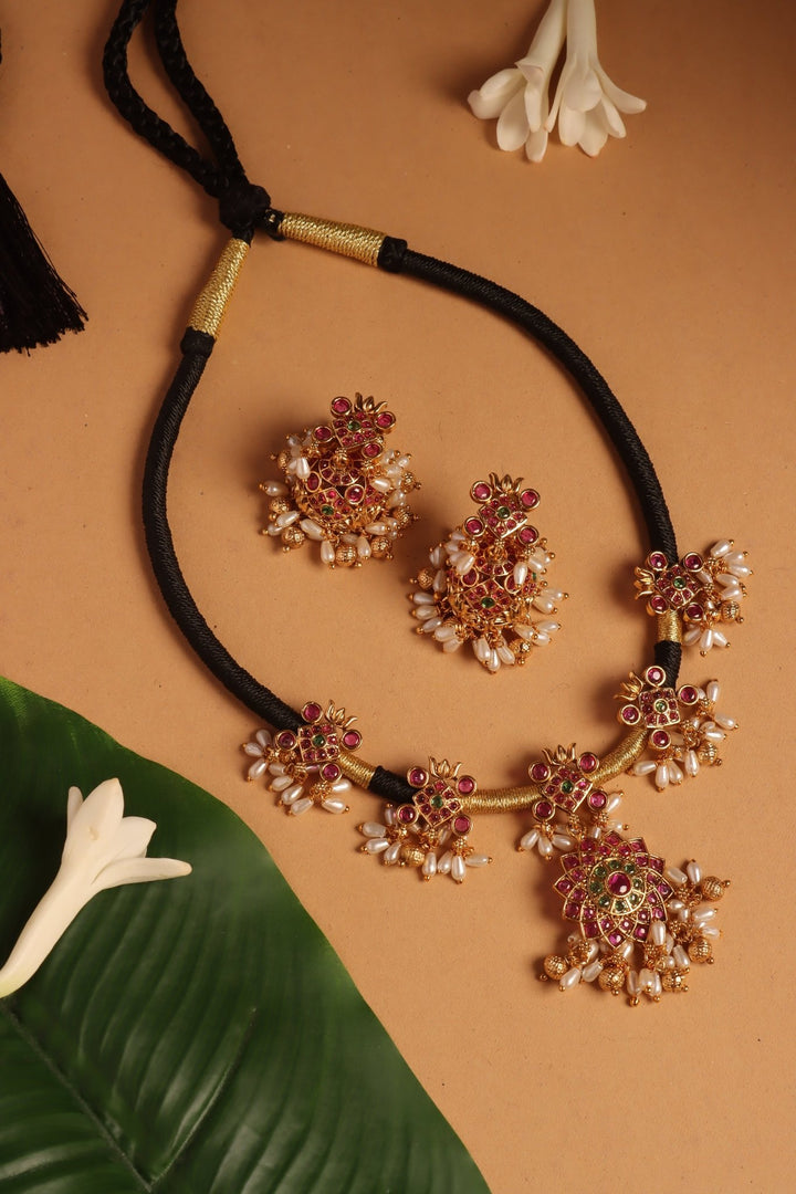 Handmade Flower Pearls Black Thread Choker - N4098
