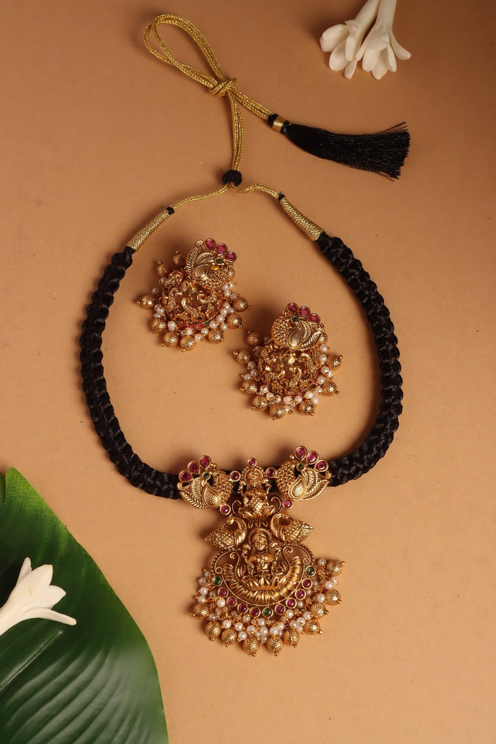 Handmade Lakshmi Pendant Black Thread Choker - N4096
