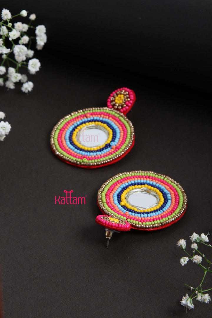 Handmade light weight Embroidery Round Mirror Earring - E844