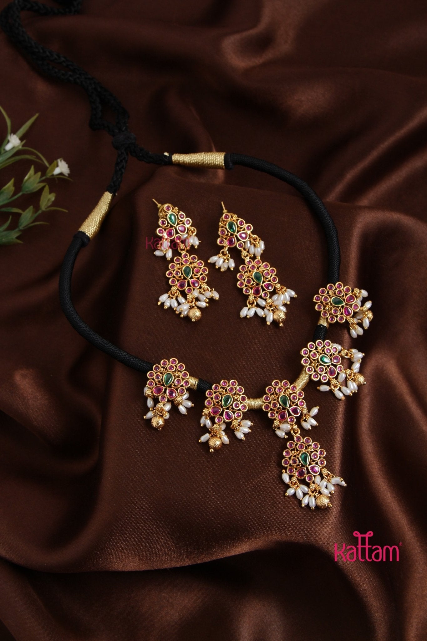 Handmade Motif Black Thread Choker - Design 2 - Kattam