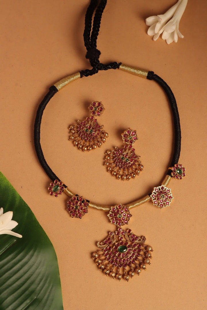 Handmade Peacock Pendant Black Thread Choker - N4097