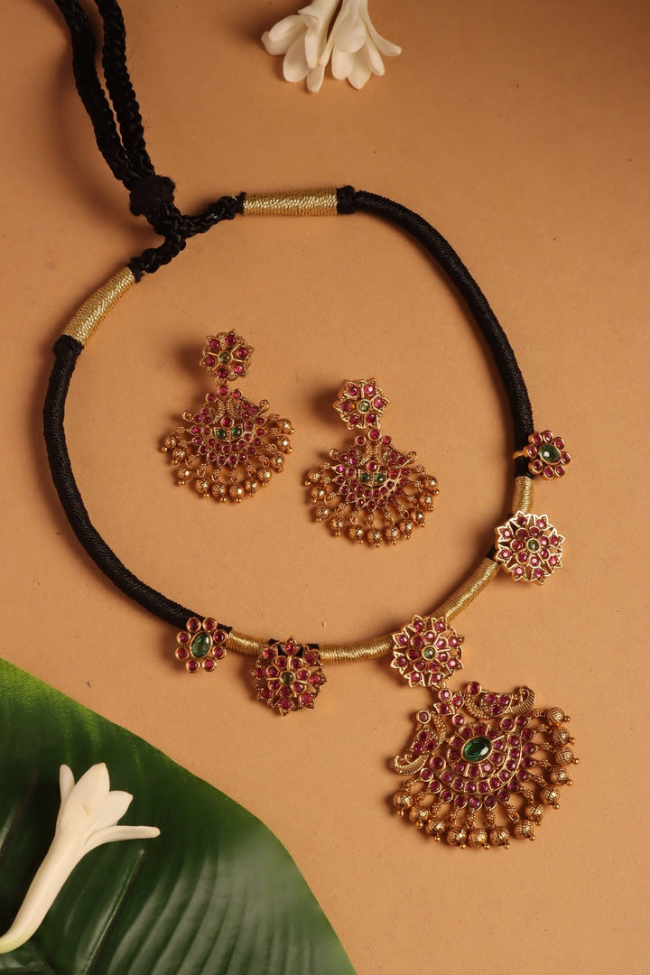 Handmade Peacock Pendant Black Thread Choker - N4097