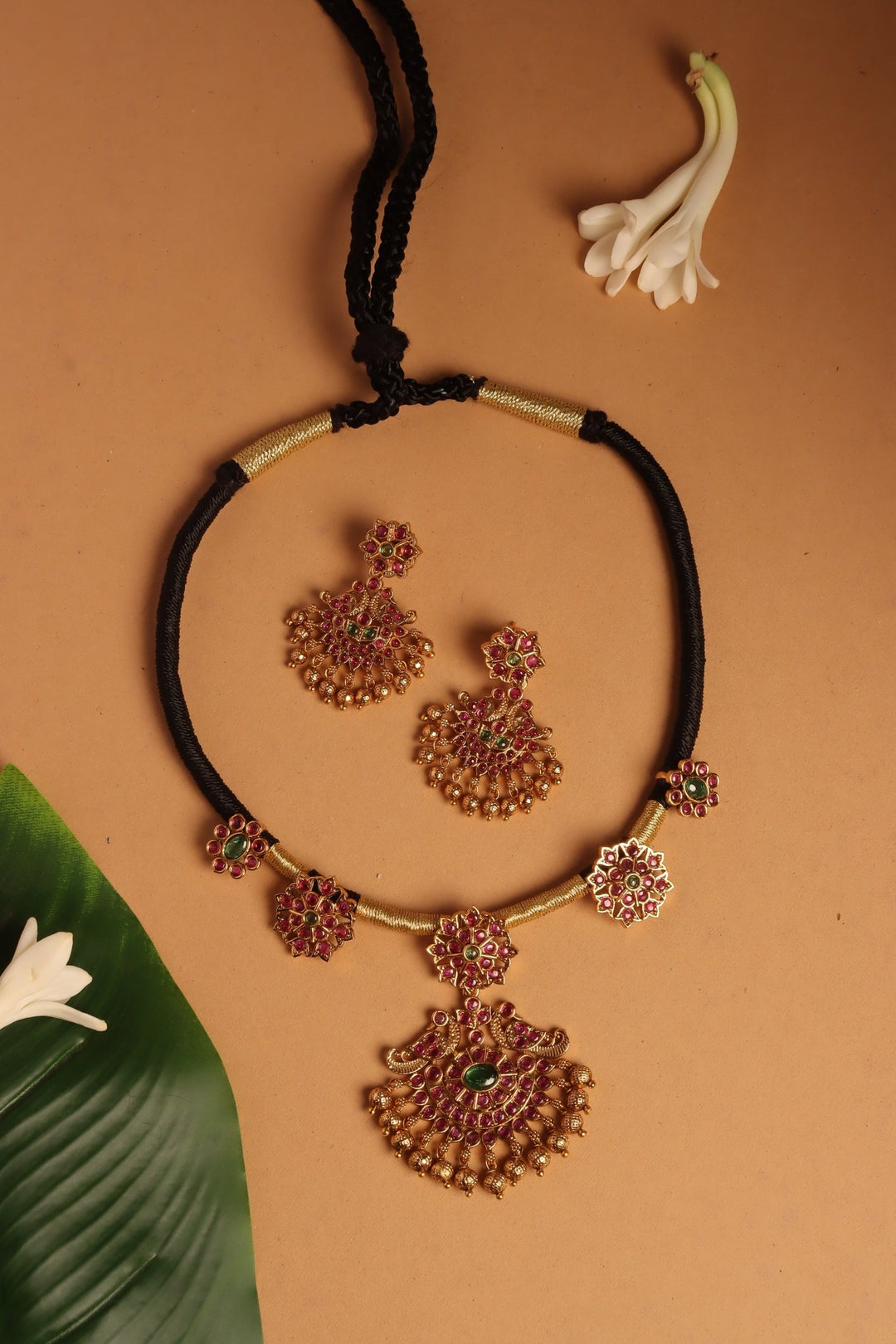 Handmade Peacock Pendant Black Thread Choker - N4097