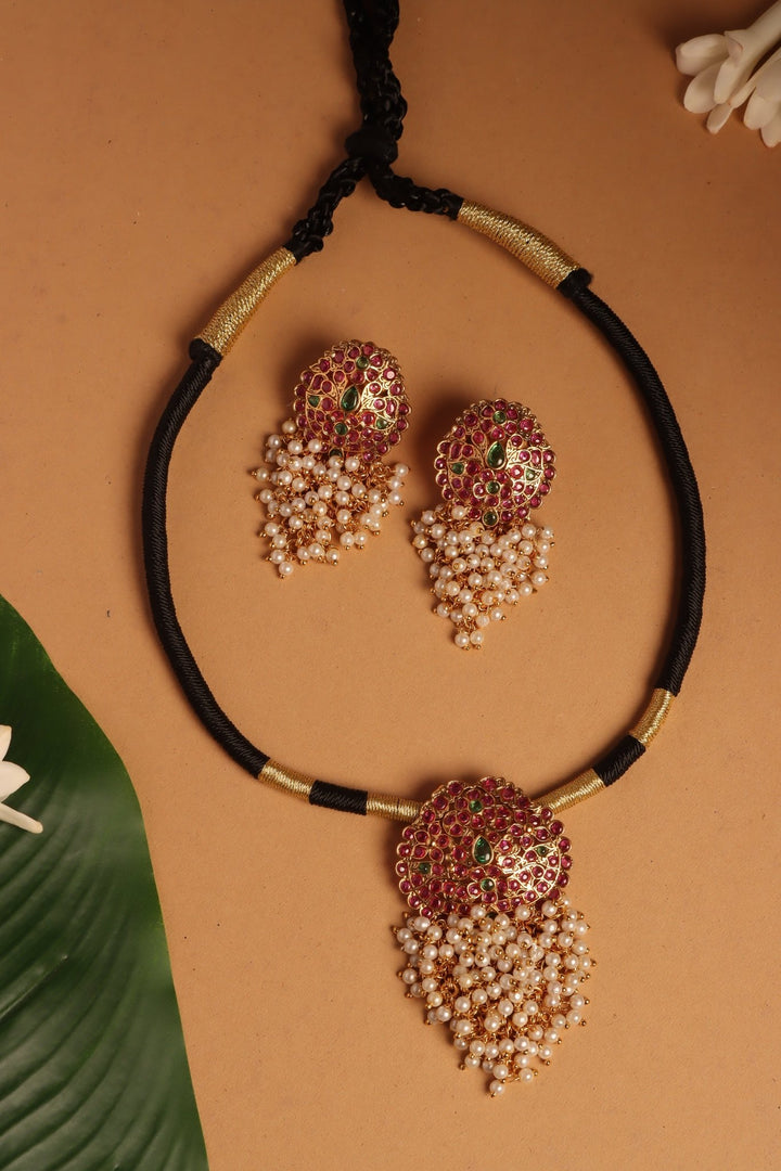 Handmade Pearls Drop Black Thread Choker - N4094