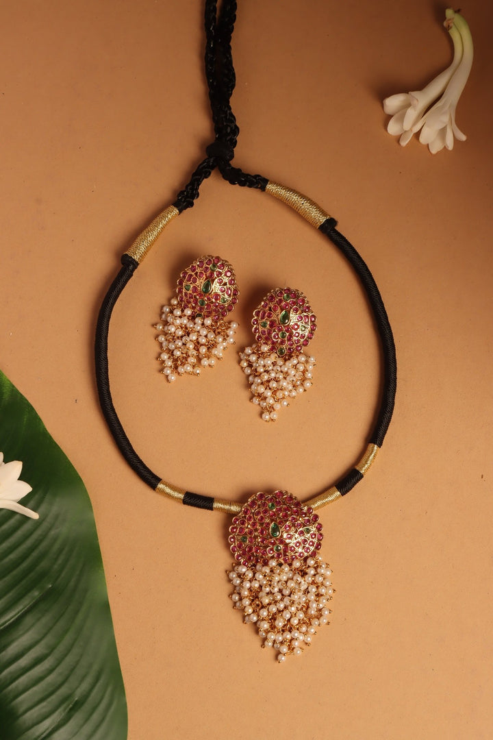 Handmade Pearls Drop Black Thread Choker - N4094