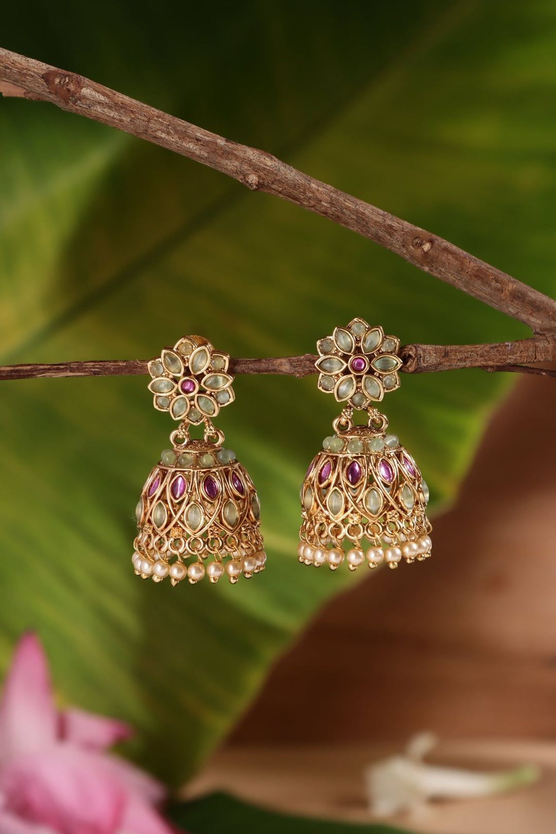 Indirani - Pastelgreen &amp; Pink pearl Jhumka - E1456