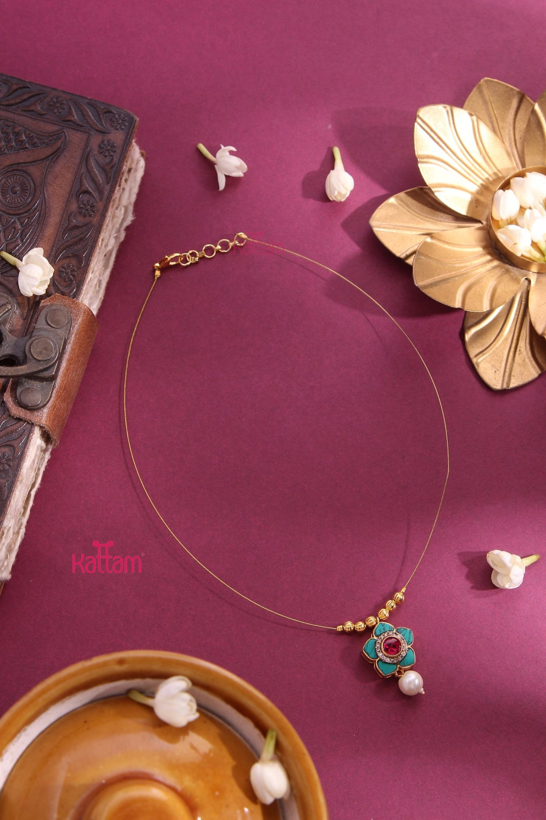Invisible Kundan Flower Dollar Choker - Ruby & Lightblue - N3296