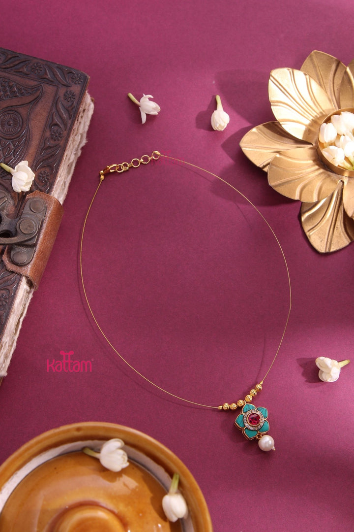 Invisible Kundan Flower Dollar Choker - Ruby & Lightblue - N3296