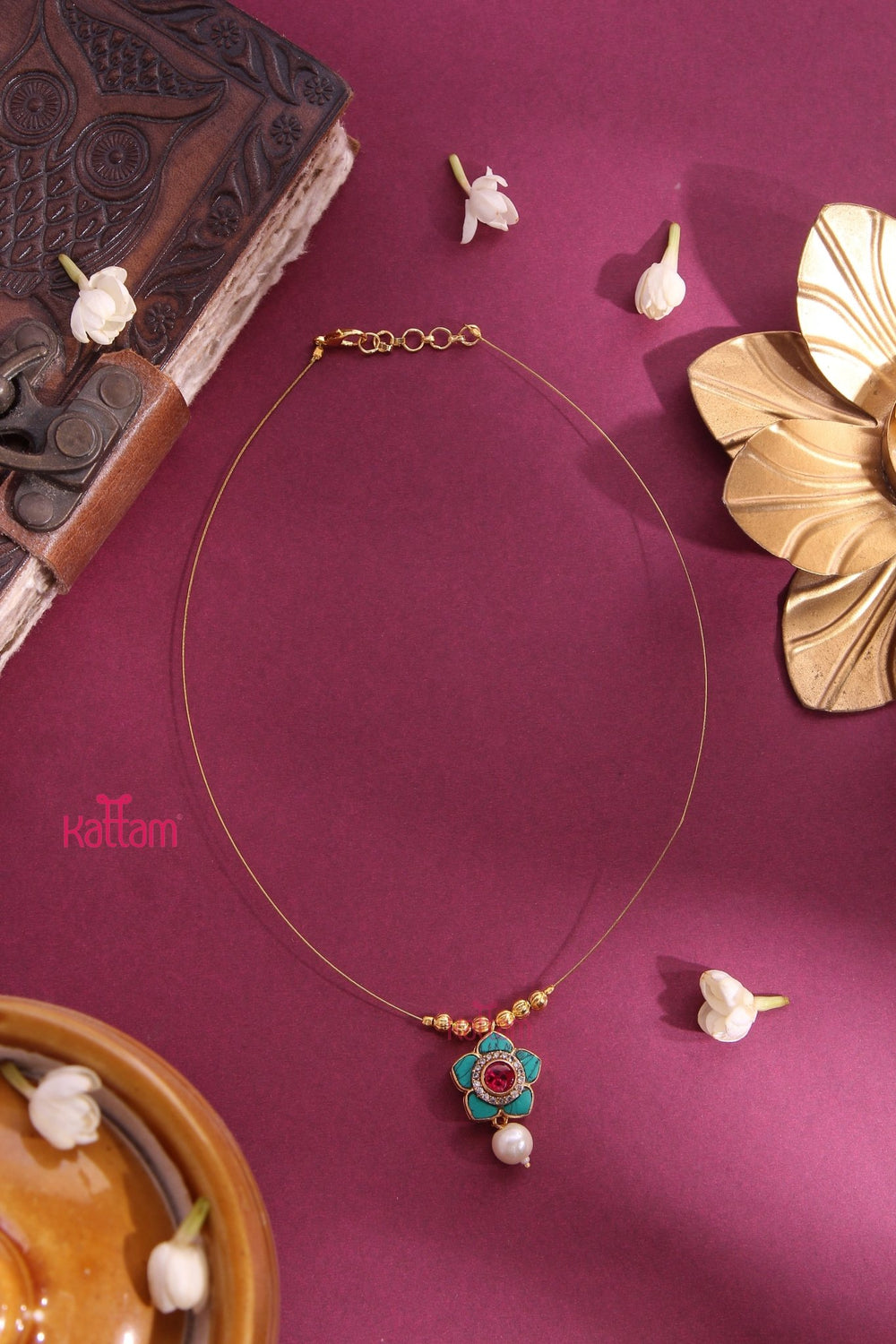 Invisible Kundan Flower Dollar Choker - Ruby & Lightblue - N3296