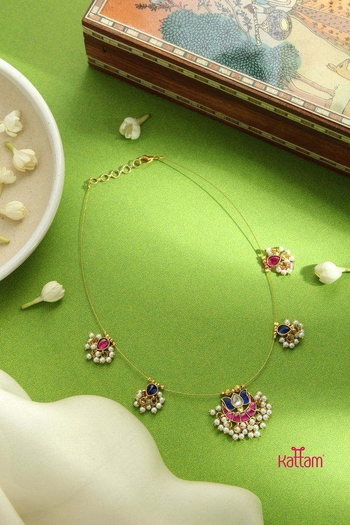Invisible Kundan Lotus Necklace - Blue & Ruby - N3287