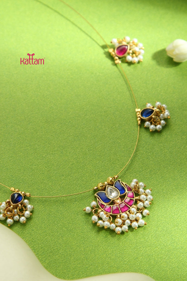 Invisible Kundan Lotus Necklace - Blue & Ruby - N3287
