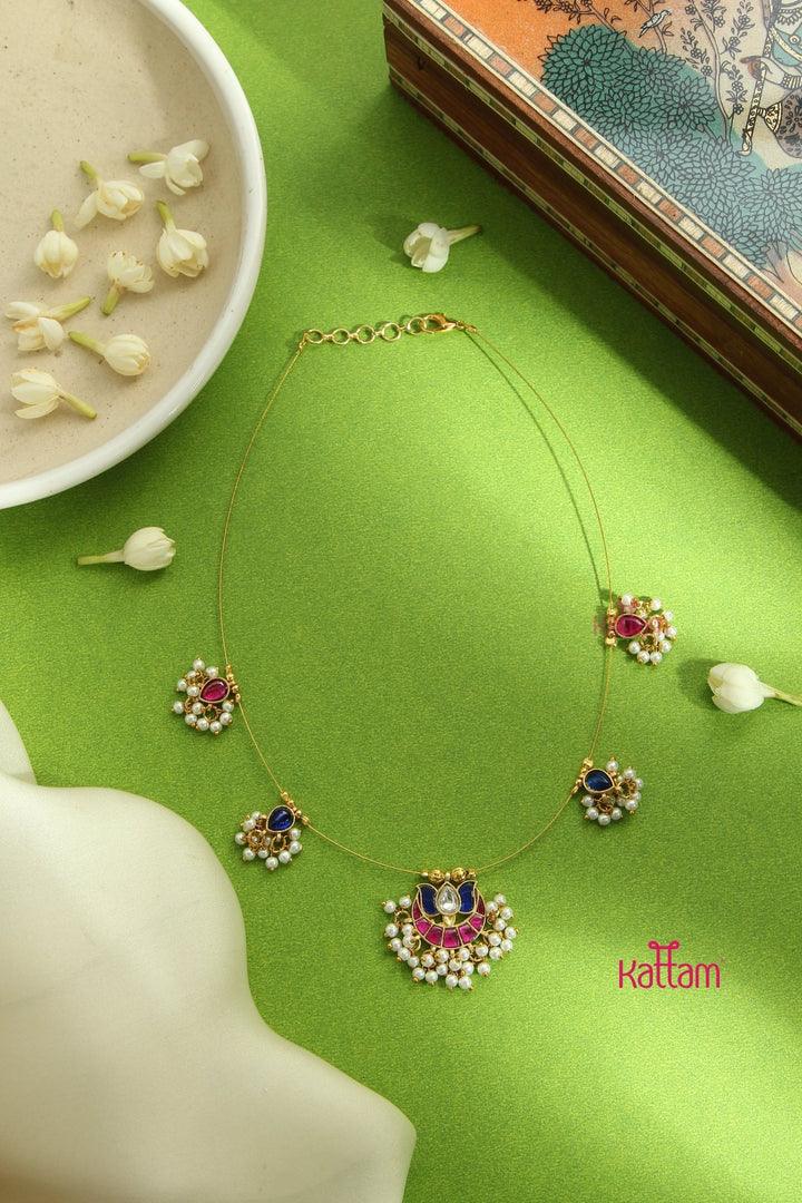 Invisible Kundan Lotus Necklace - Blue & Ruby - N3287