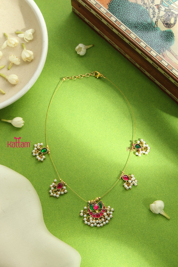 Invisible Kundan Lotus Necklace - Green & Ruby - N3288