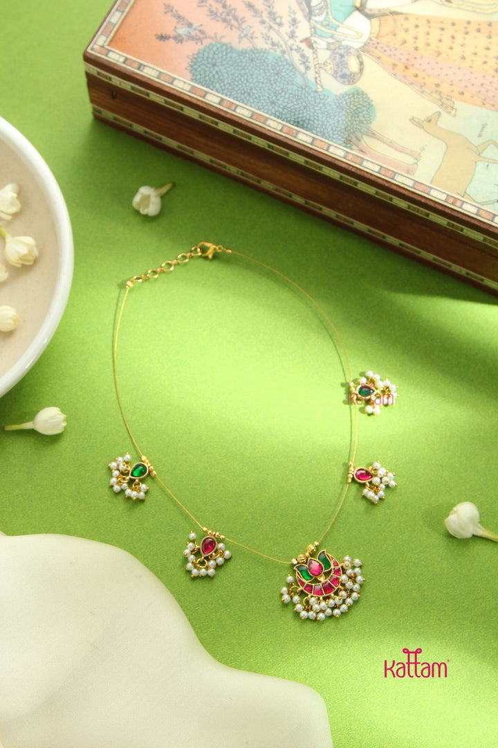 Invisible Kundan Lotus Necklace - Green & Ruby - N3288