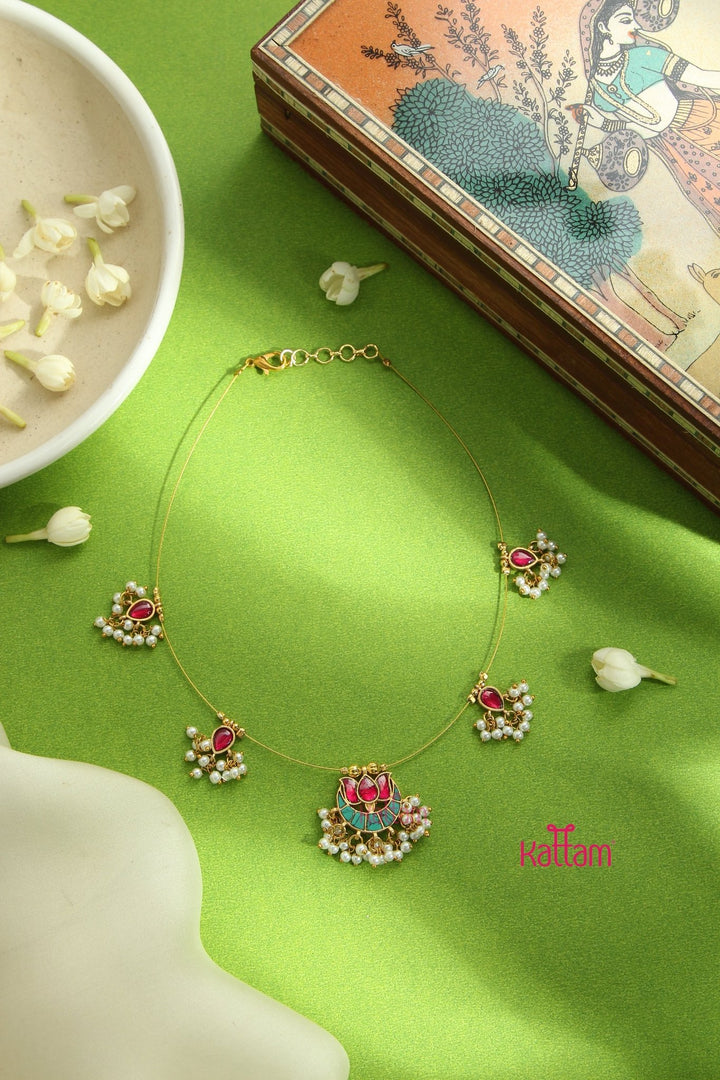 Invisible Kundan Lotus Necklace - Ruby & Lightblue - N3295